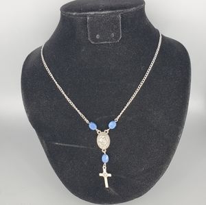 St. Anthony and St. Peregrine Silvertone Blue Necklace